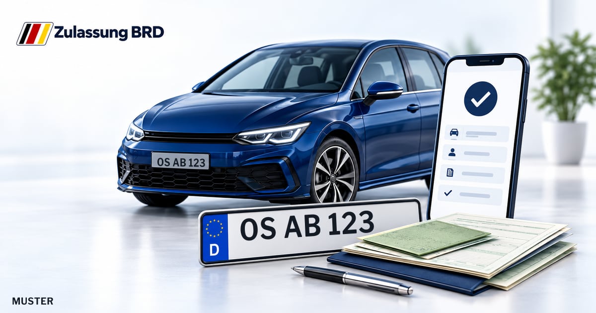 Online Fahrzeugzulassung in Osnabrück: Musterkennzeichen OS AB 123, Auto und Fahrzeugpapiere und Smartphone. Illustration mit Logo von Zulassung BRD.